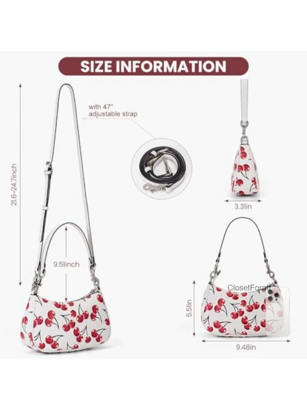 Faux Leather Cherry Fruit Print Hobo Crossbody Bag with Adjustable Straps